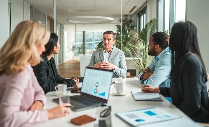 Business professionals sitting at a conference table